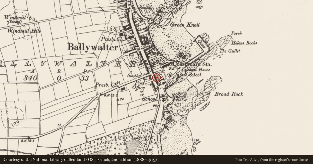 Ordnance Survey six-inch map, 2nd edition (1888–1915) covering the location of 11 Main Street, Ballywalter, Ards and North Down, with a pin at the register's coordinates
