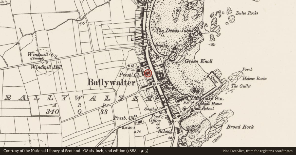 Ordnance Survey six-inch map, 2nd edition (1888–1915) covering the location of Ballywalter Presbyterian Church, Ards and North Down, with a pin at the register's coordinates