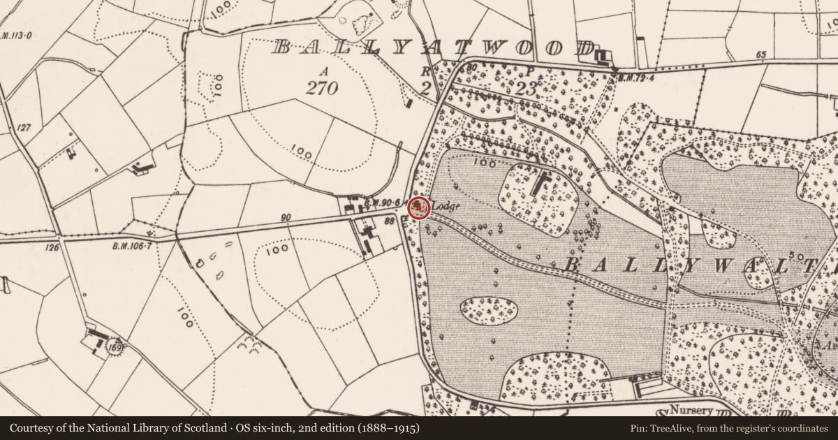 Ordnance Survey six-inch map, 2nd edition (1888–1915) covering the location of West Gate Lodge, Ballyatwood, Ards and North Down, with a pin at the register's coordinates