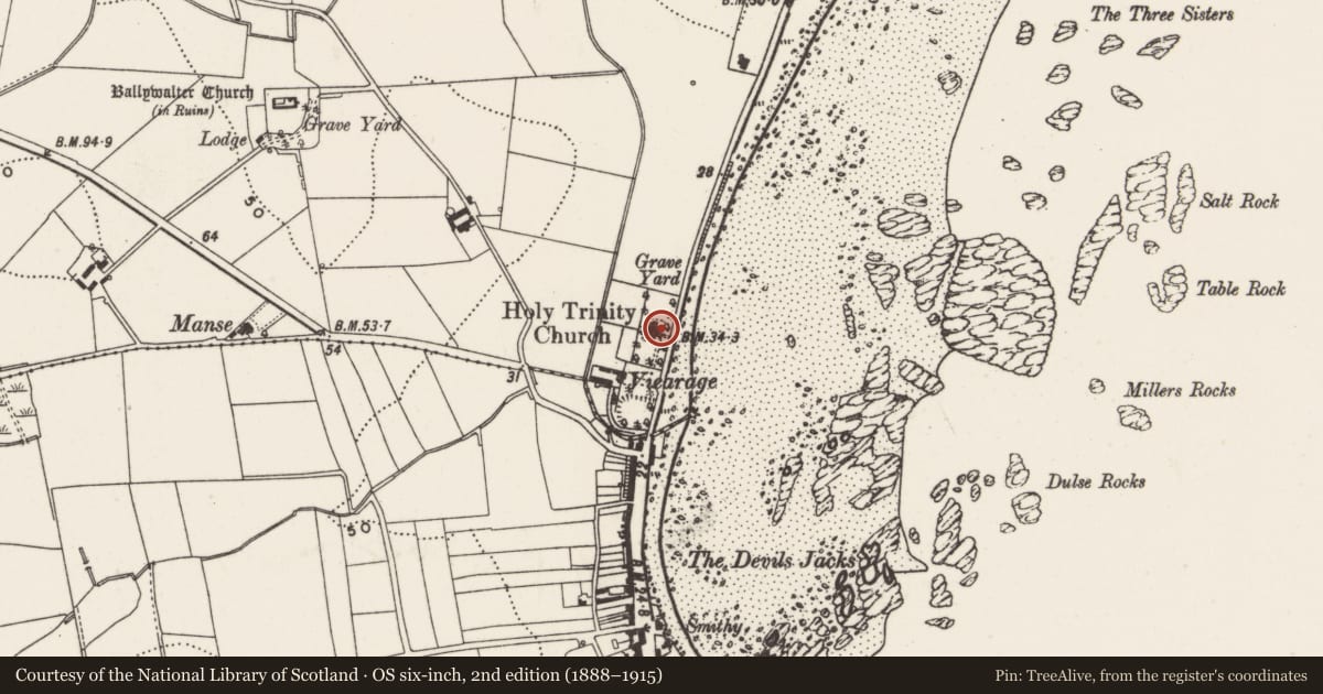 Ordnance Survey six-inch map, 2nd edition (1888–1915) covering the location of Holy Trinity (C of I) Church, Whitechurch, Ards and North Down, with a pin at the register's coordinates