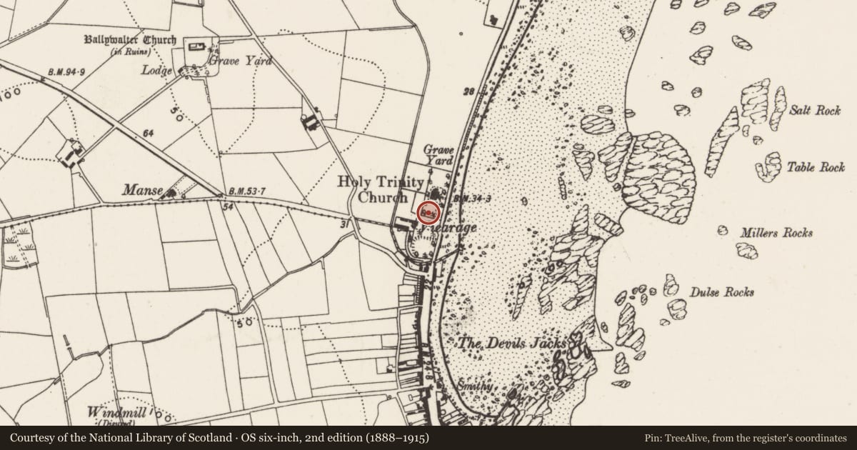 Ordnance Survey six-inch map, 2nd edition (1888–1915) covering the location of Ballywalter Vicarage, Whitechurch, Ards and North Down, with a pin at the register's coordinates