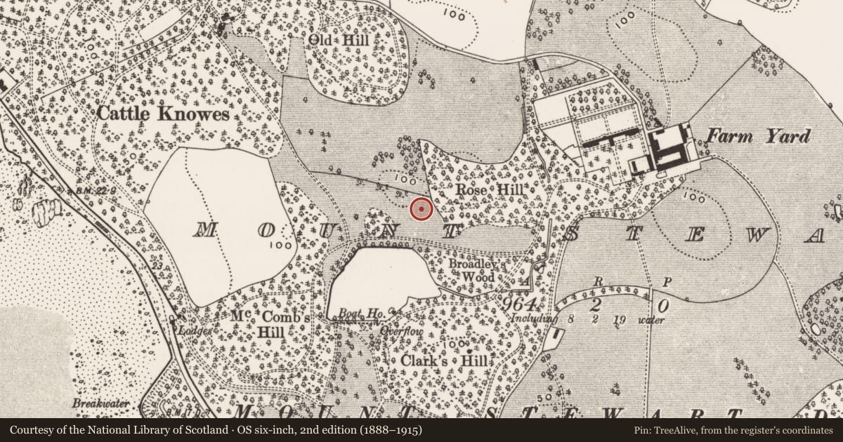 Ordnance Survey six-inch map, 2nd edition (1888–1915) covering the location of 'Tir N'an Og' burial ground, Mount Stewart, Ards and North Down, with a pin at the register's coordinates