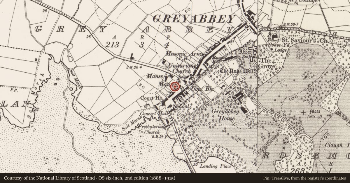 Ordnance Survey six-inch map, 2nd edition (1888–1915) covering the location of 12 Main Street, Greyabbey, Ards and North Down, with a pin at the register's coordinates