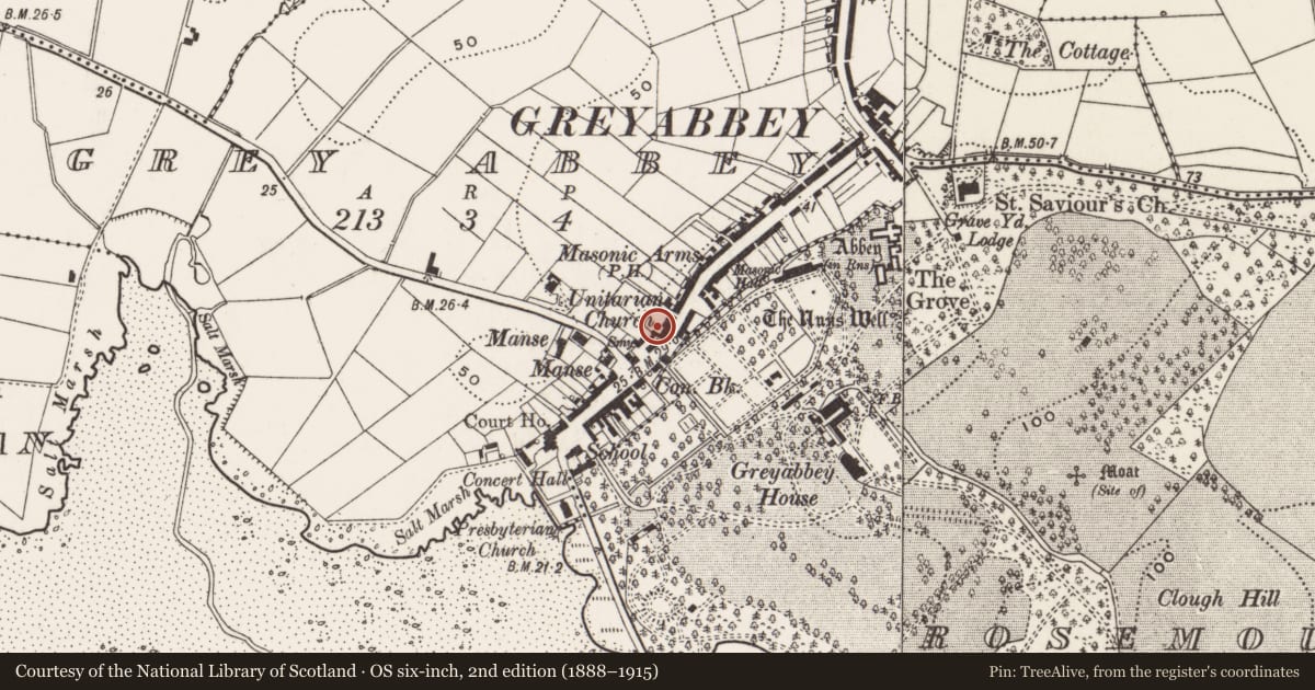 Ordnance Survey six-inch map, 2nd edition (1888–1915) covering the location of 26 Main Street, Greyabbey, Ards and North Down, with a pin at the register's coordinates
