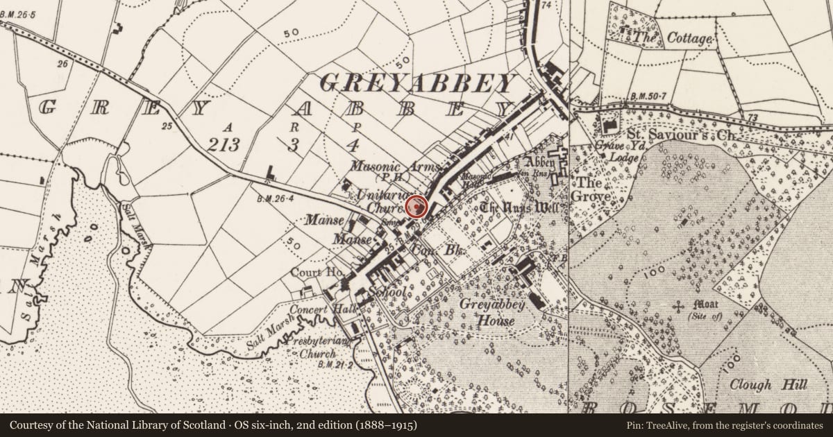 Ordnance Survey six-inch map, 2nd edition (1888–1915) covering the location of 32-34 Main Street, Greyabbey, Ards and North Down, with a pin at the register's coordinates