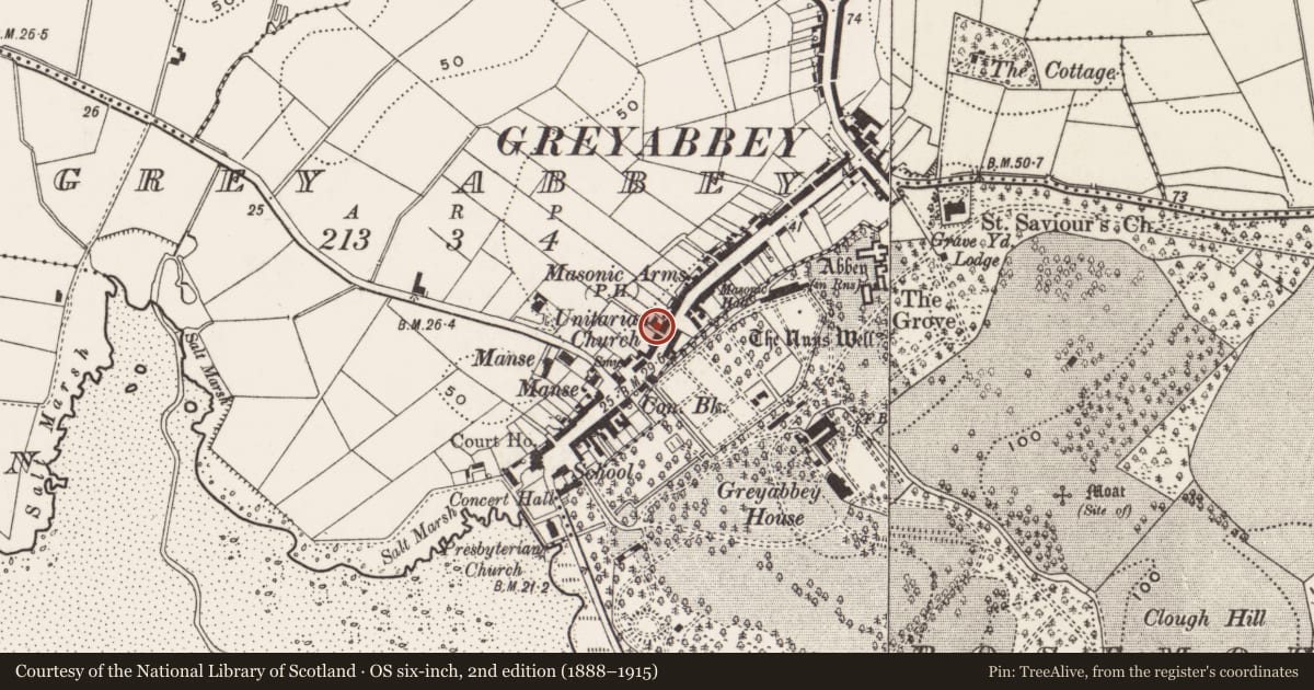 Ordnance Survey six-inch map, 2nd edition (1888–1915) covering the location of 36-42 Main Street, Greyabbey, Ards and North Down, with a pin at the register's coordinates