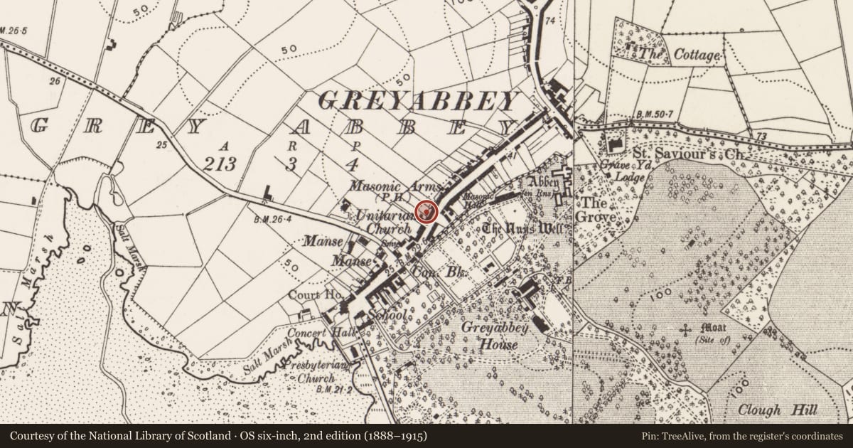 Ordnance Survey six-inch map, 2nd edition (1888–1915) covering the location of 44-46 Main Street, Greyabbey, Ards and North Down, with a pin at the register's coordinates