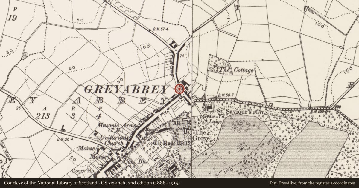 Ordnance Survey six-inch map, 2nd edition (1888–1915) covering the location of 140 Main Street, Greyabbey, Ards and North Down, with a pin at the register's coordinates