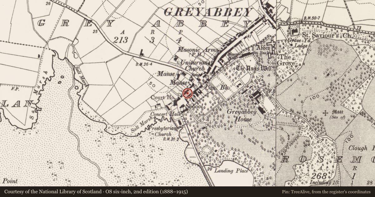 Ordnance Survey six-inch map, 2nd edition (1888–1915) covering the location of 1-3 Main Street, Greyabbey, Ards and North Down, with a pin at the register's coordinates
