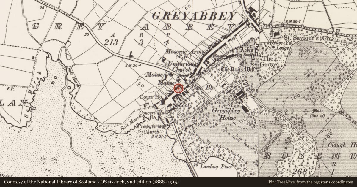 Ordnance Survey six-inch map, 2nd edition (1888–1915) covering the location of 5 Main Street, Greyabbey, Ards and North Down, with a pin at the register's coordinates