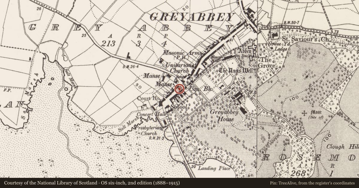 Ordnance Survey six-inch map, 2nd edition (1888–1915) covering the location of 11A Main Street, Greyabbey, Ards and North Down, with a pin at the register's coordinates