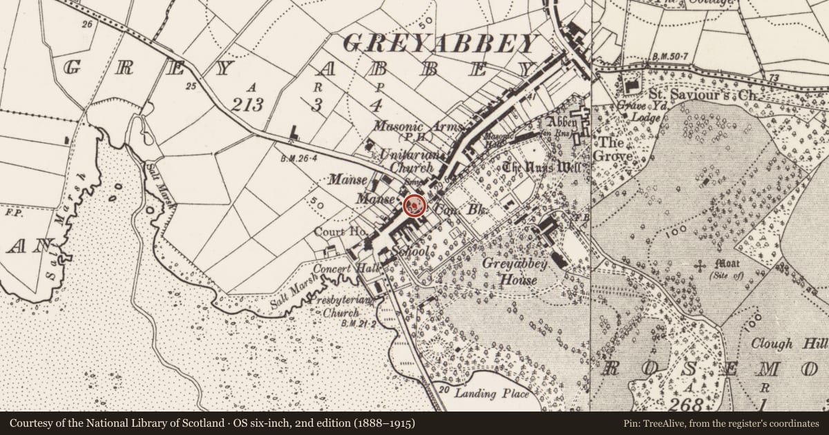 Ordnance Survey six-inch map, 2nd edition (1888–1915) covering the location of 11 Main Street, Greyabbey, Ards and North Down, with a pin at the register's coordinates