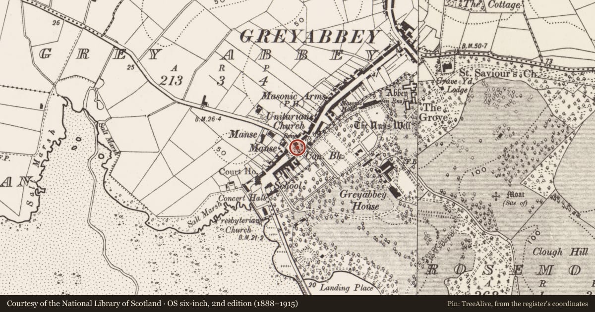 Ordnance Survey six-inch map, 2nd edition (1888–1915) covering the location of RUC Station, Greyabbey, Ards and North Down, with a pin at the register's coordinates