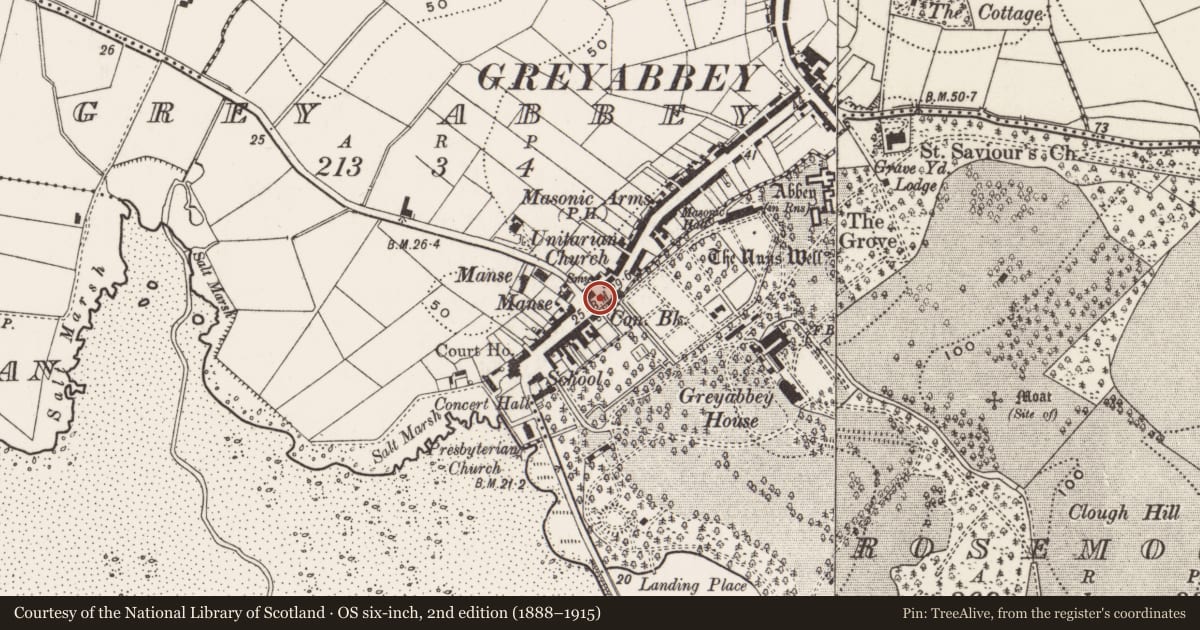Ordnance Survey six-inch map, 2nd edition (1888–1915) covering the location of 17 Main Street, Greyabbey, Ards and North Down, with a pin at the register's coordinates
