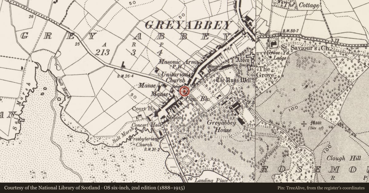 Ordnance Survey six-inch map, 2nd edition (1888–1915) covering the location of 19 Main Street, Greyabbey, Ards and North Down, with a pin at the register's coordinates