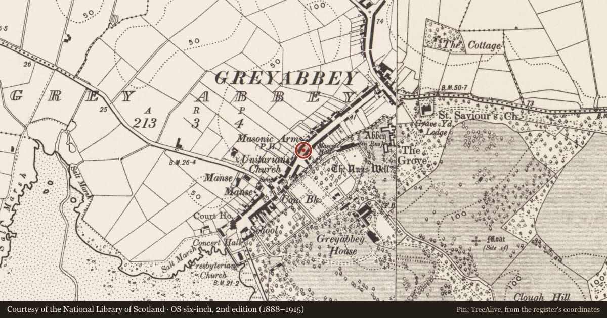 Ordnance Survey six-inch map, 2nd edition (1888–1915) covering the location of 51-53 Main Street, Greyabbey, Ards and North Down, with a pin at the register's coordinates