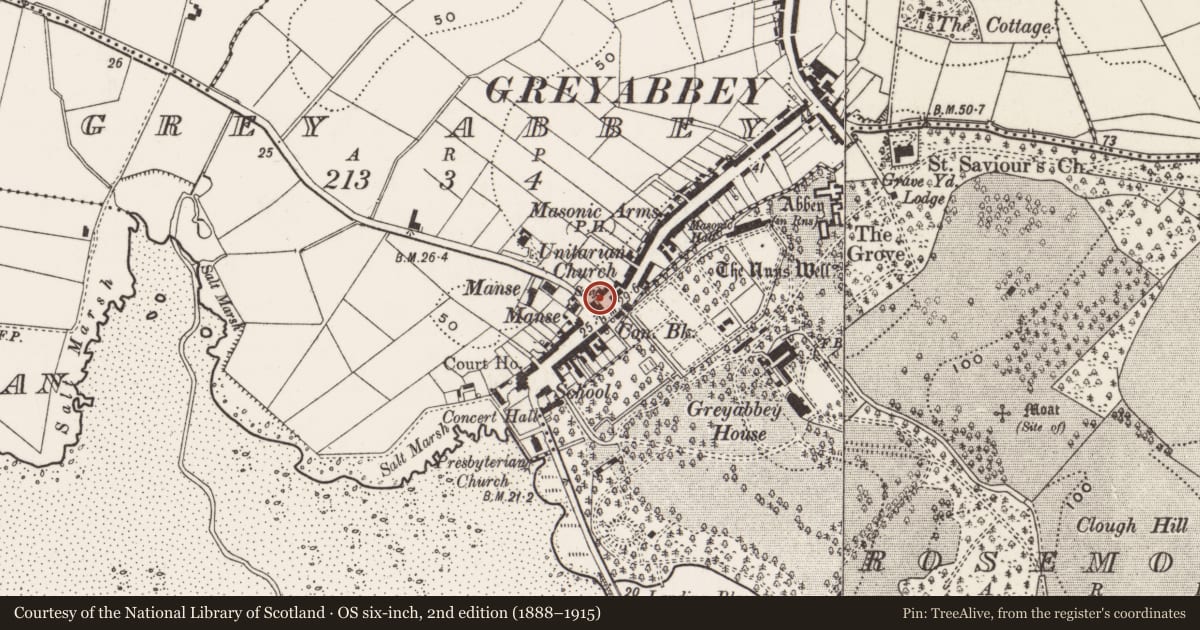 Ordnance Survey six-inch map, 2nd edition (1888–1915) covering the location of BT kiosk, Greyabbey, Ards and North Down, with a pin at the register's coordinates