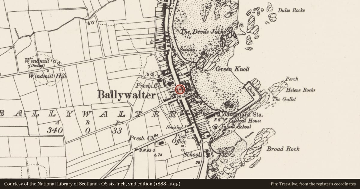 Ordnance Survey six-inch map, 2nd edition (1888–1915) covering the location of Former Dunleath Arms, Ballywalter, Ards and North Down, with a pin at the register's coordinates