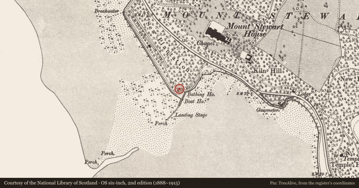 Ordnance Survey six-inch map, 2nd edition (1888–1915) covering the location of Swimming Pool, Mount Stewart, Ards and North Down, with a pin at the register's coordinates