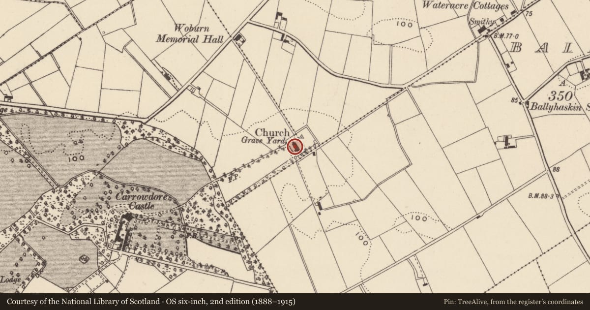 Ordnance Survey six-inch map, 2nd edition (1888–1915) covering the location of Christ Church (C of I), Ballyrawer, Ards and North Down, with a pin at the register's coordinates