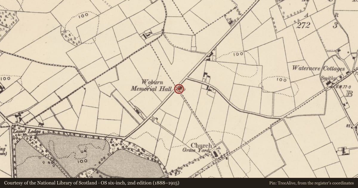 Ordnance Survey six-inch map, 2nd edition (1888–1915) covering the location of Woburn Memorial Hall, Drumfad, Ards and North Down, with a pin at the register's coordinates