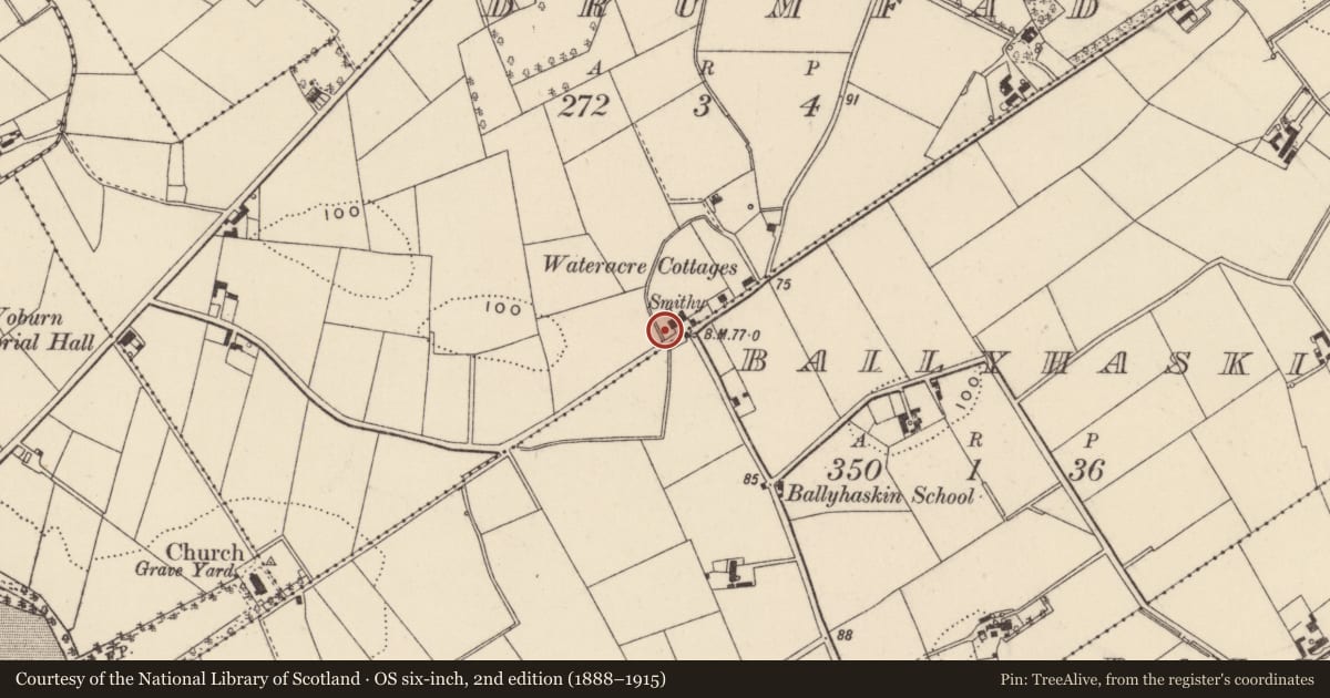 Ordnance Survey six-inch map, 2nd edition (1888–1915) covering the location of Water Acre Cottages, Drumfad, Ards and North Down, with a pin at the register's coordinates