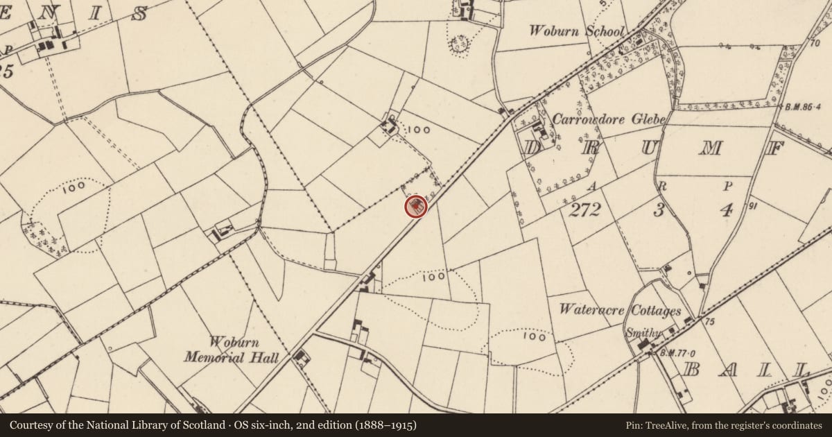 Ordnance Survey six-inch map, 2nd edition (1888–1915) covering the location of 43-47 Woburn Road, Drumfad, Ards and North Down, with a pin at the register's coordinates