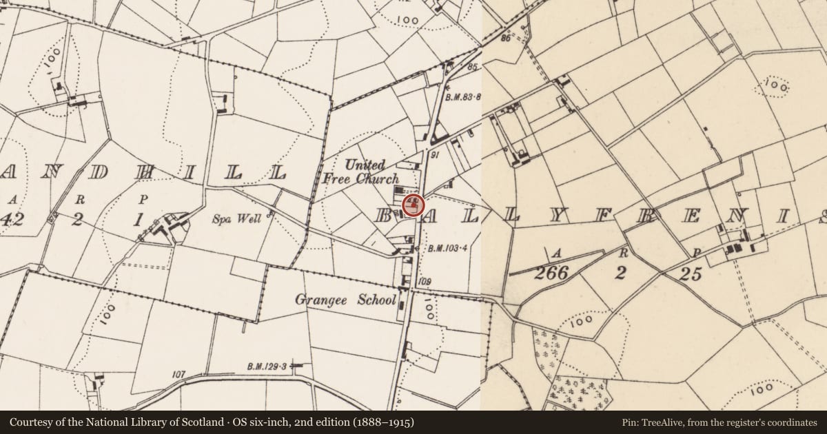 Ordnance Survey six-inch map, 2nd edition (1888–1915) covering the location of 204 Abbey Road, Ballyfrenis, Ards and North Down, with a pin at the register's coordinates