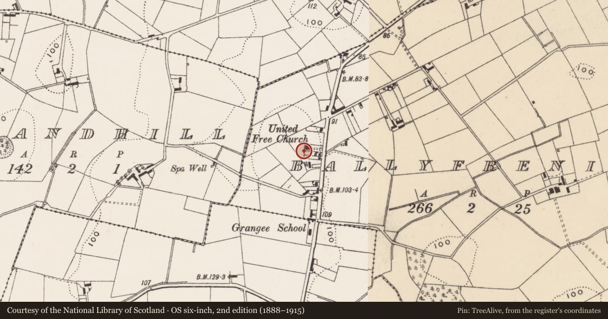 Ordnance Survey six-inch map, 2nd edition (1888–1915) covering the location of Former Ballyfrenis Presbyterian Church, Ards and North Down, with a pin at the register's coordinates