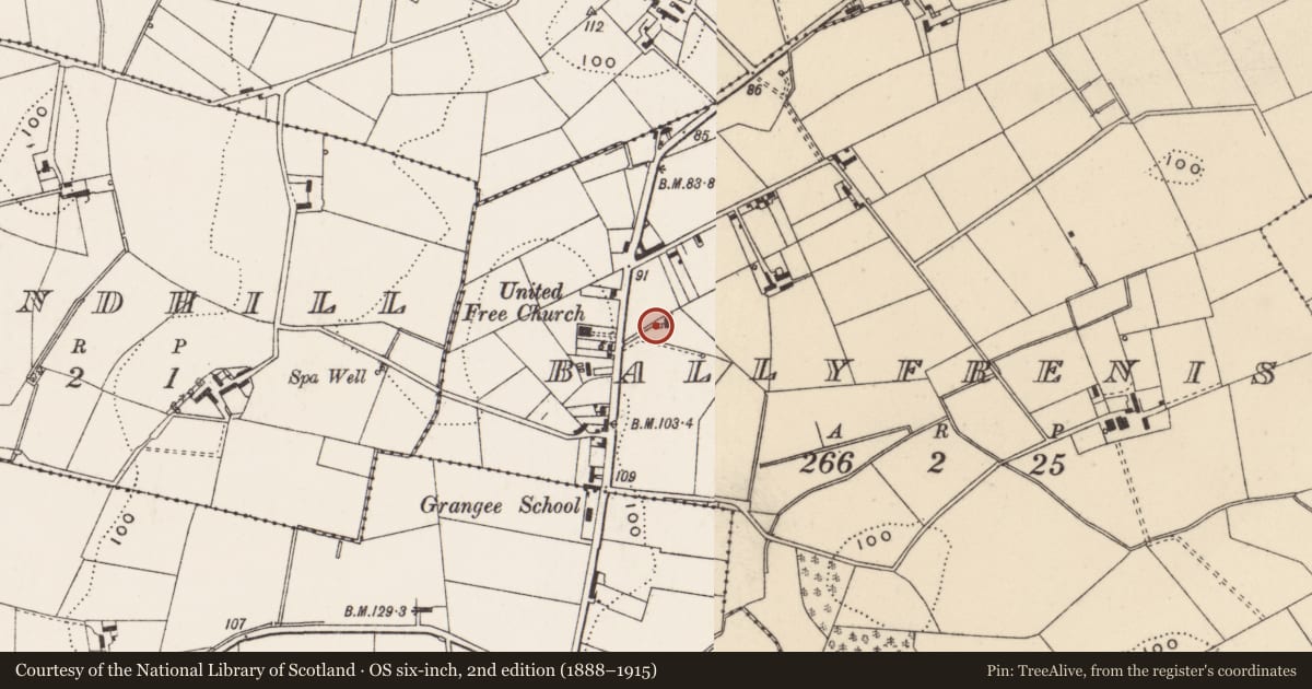 Ordnance Survey six-inch map, 2nd edition (1888–1915) covering the location of 225 Abbey Road, Ballyfrenis, Ards and North Down, with a pin at the register's coordinates