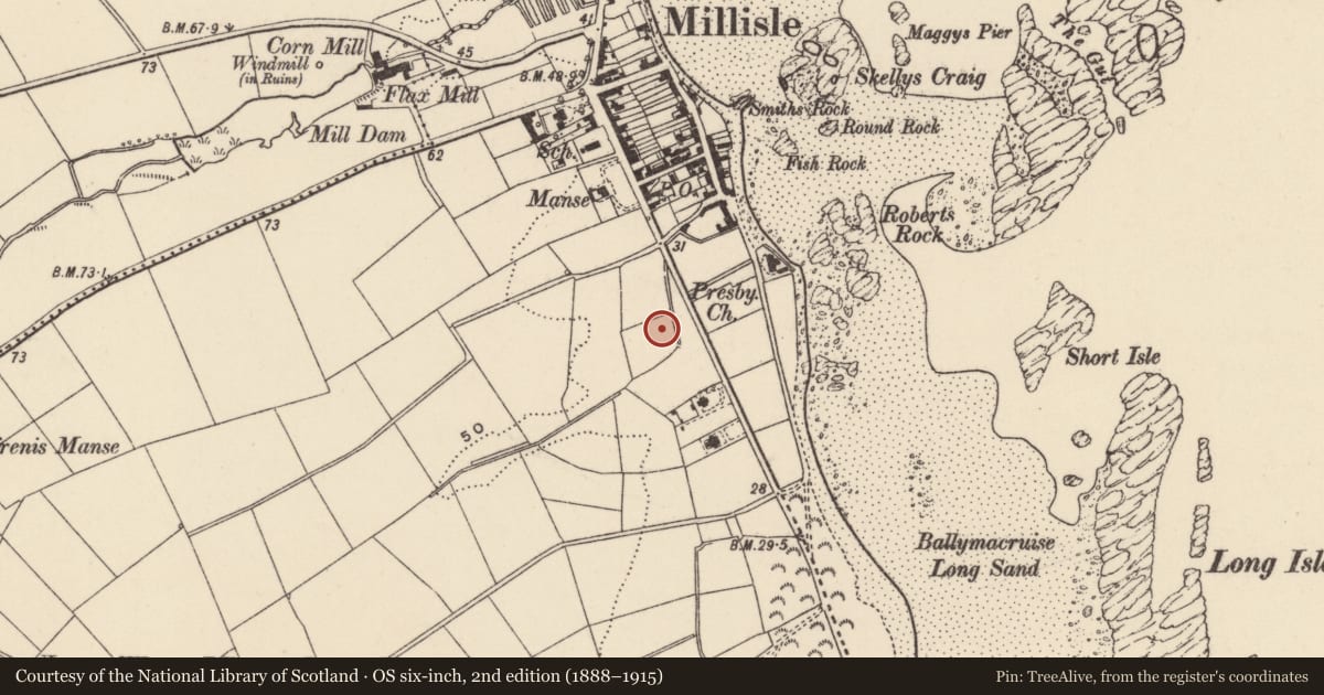 Ordnance Survey six-inch map, 2nd edition (1888–1915) covering the location of 18 Ballywalter Road, Ballymacruise, Ards and North Down, with a pin at the register's coordinates