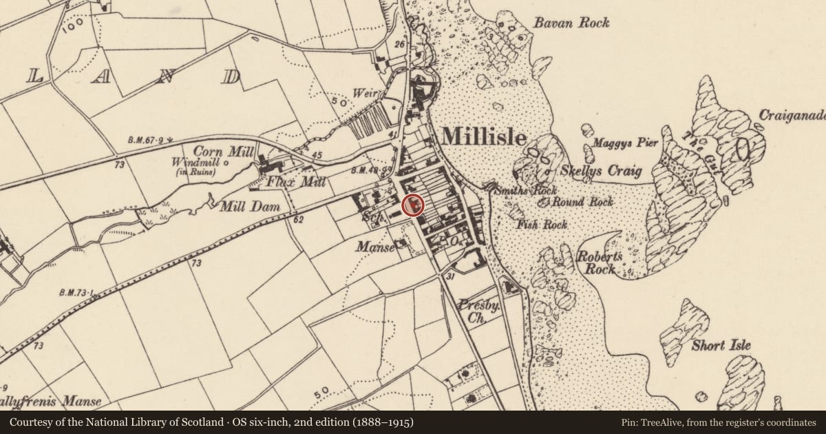 Ordnance Survey six-inch map, 2nd edition (1888–1915) covering the location of 51-53 Main Street, Ballymacruise, Ards and North Down, with a pin at the register's coordinates