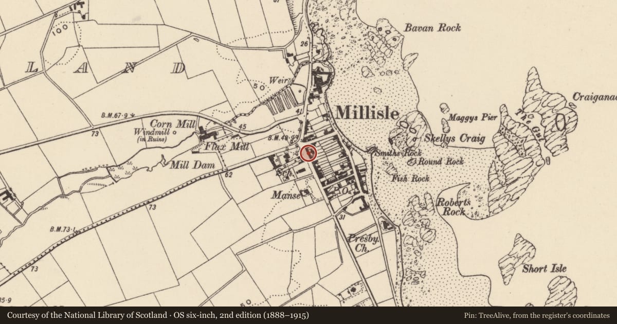 Ordnance Survey six-inch map, 2nd edition (1888–1915) covering the location of 43 Main Street, Ballymacruise, Ards and North Down, with a pin at the register's coordinates