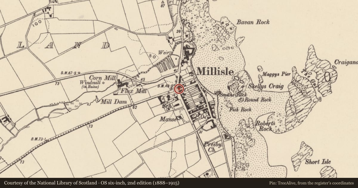 Ordnance Survey six-inch map, 2nd edition (1888–1915) covering the location of 'First and Last', Ballymacruise, Ards and North Down, with a pin at the register's coordinates