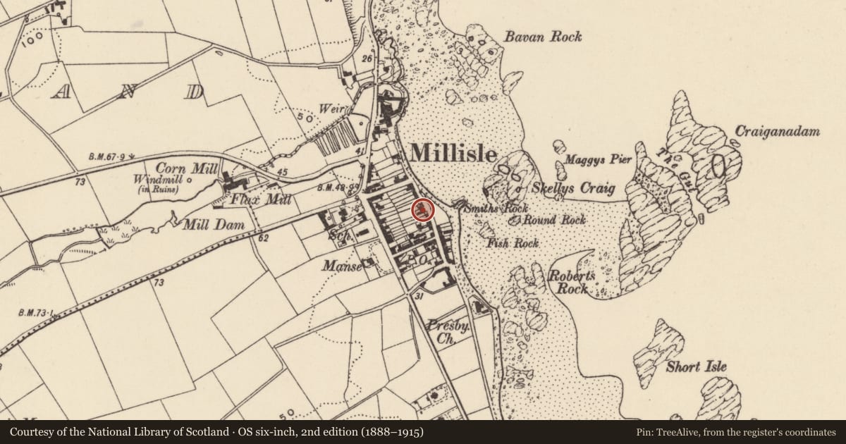 Ordnance Survey six-inch map, 2nd edition (1888–1915) covering the location of 34-40 Shore Road, Ballymacruise, Ards and North Down, with a pin at the register's coordinates