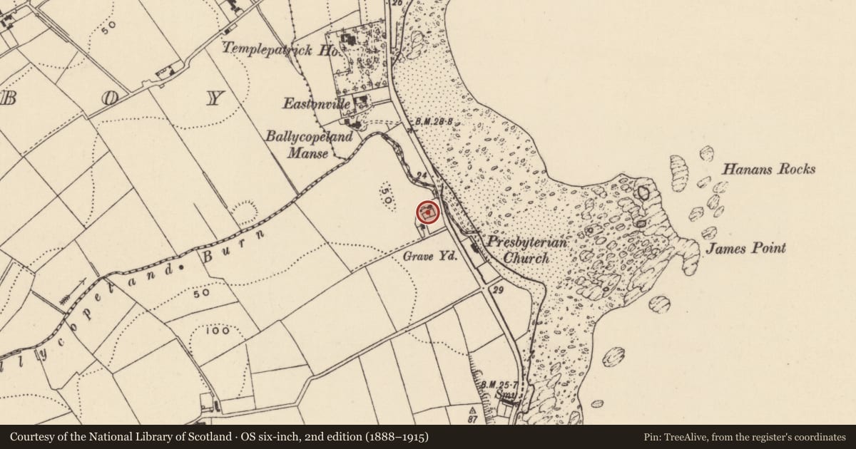 Ordnance Survey six-inch map, 2nd edition (1888–1915) covering the location of 73 Donaghadee Road, Ballycopeland, Ards and North Down, with a pin at the register's coordinates