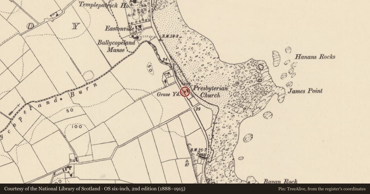 Ordnance Survey six-inch map, 2nd edition (1888–1915) covering the location of Cemetery, Ballycopeland, Ards and North Down, with a pin at the register's coordinates
