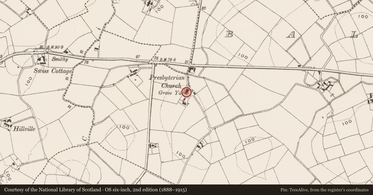 Ordnance Survey six-inch map, 2nd edition (1888–1915) covering the location of Ballyblack Presbyterian Church, Ards and North Down, with a pin at the register's coordinates