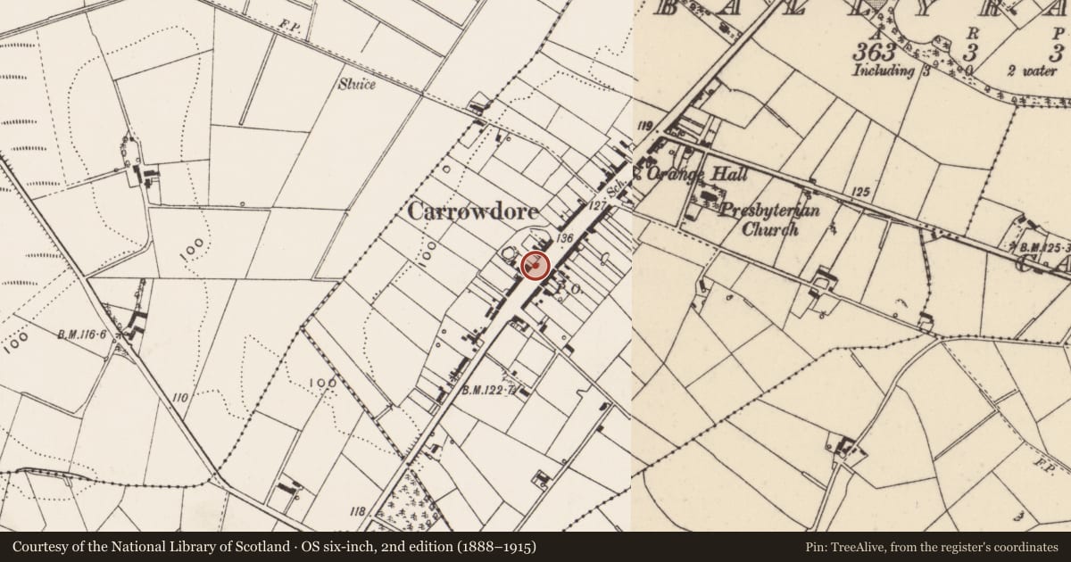 Ordnance Survey six-inch map, 2nd edition (1888–1915) covering the location of Pump, Carrowdore, Ards and North Down, with a pin at the register's coordinates