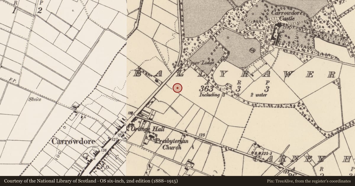 Ordnance Survey six-inch map, 2nd edition (1888–1915) covering the location of Former school house, Ballyrawer, Ards and North Down, with a pin at the register's coordinates