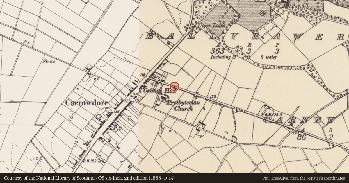Ordnance Survey six-inch map, 2nd edition (1888–1915) covering the location of Water Pump, Ballyrawer, Ards and North Down, with a pin at the register's coordinates
