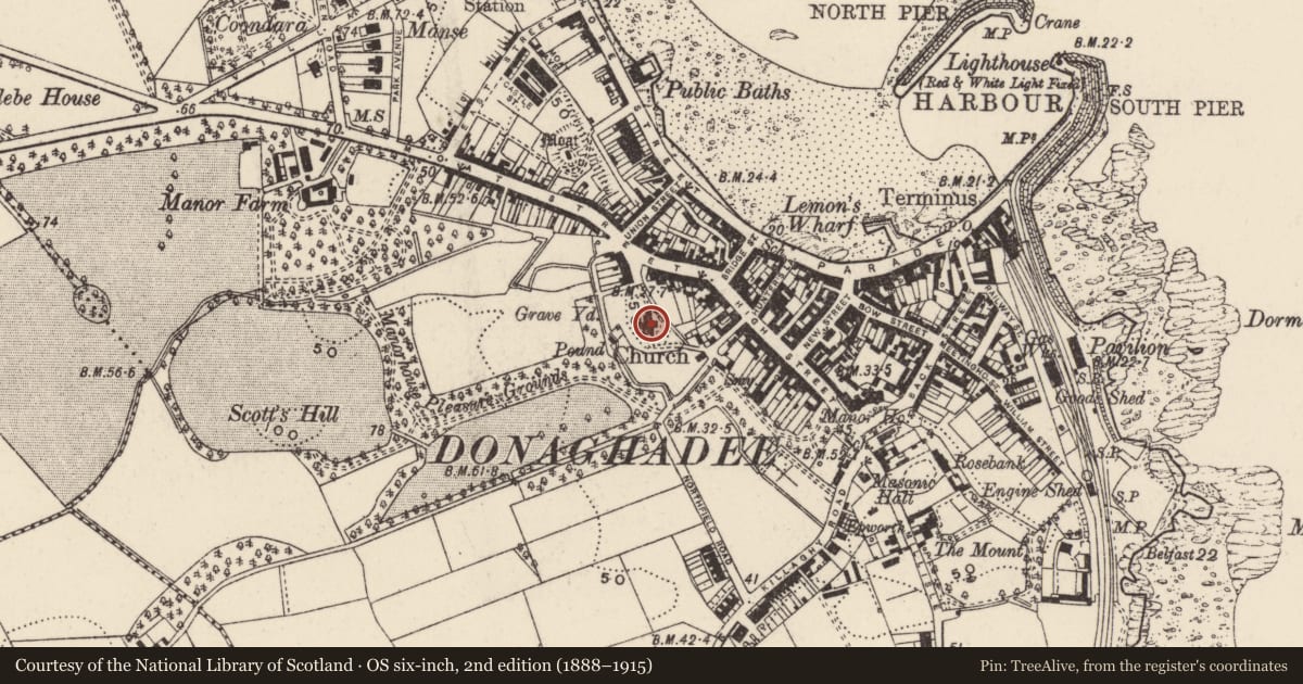 Ordnance Survey six-inch map, 2nd edition (1888–1915) covering the location of Donagahdee (Cof I) parish church, Donaghadee, Ards and North Down, with a pin at the register's coordinates