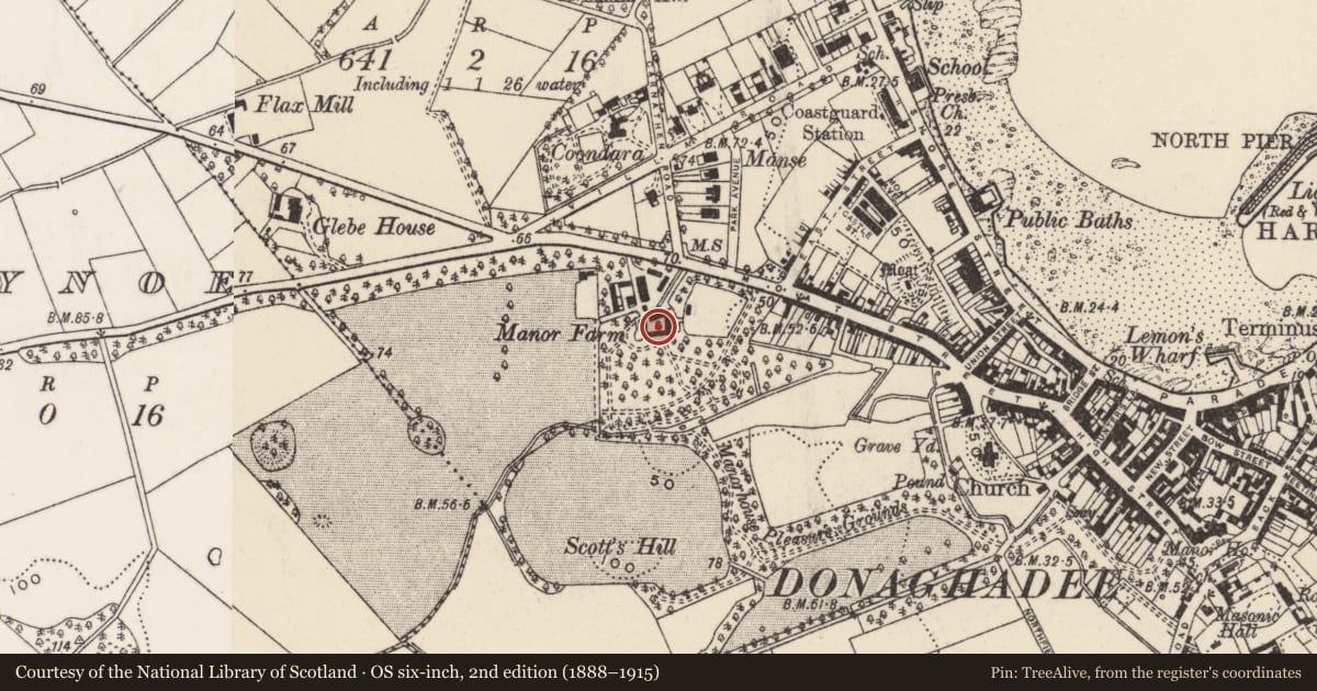 Ordnance Survey six-inch map, 2nd edition (1888–1915) covering the location of Manor Farm, Town Parks of Donaghadee, Ards and North Down, with a pin at the register's coordinates