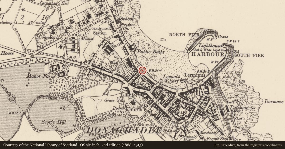 Ordnance Survey six-inch map, 2nd edition (1888–1915) covering the location of Donaghadee and district war memorial, Ards and North Down, with a pin at the register's coordinates