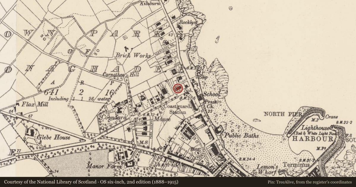 Ordnance Survey six-inch map, 2nd edition (1888–1915) covering the location of 3-15 New Road, Town Parks of Donaghadee, Ards and North Down, with a pin at the register's coordinates