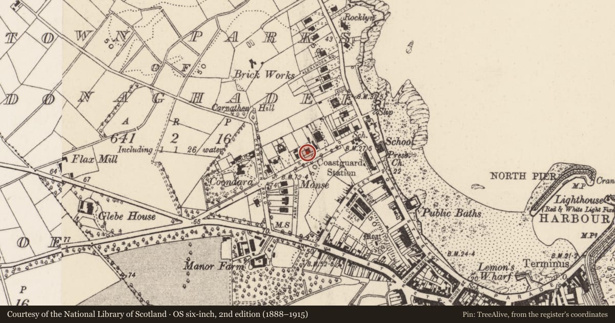 Ordnance Survey six-inch map, 2nd edition (1888–1915) covering the location of 29 New Road, Town parks of Donaghadee, Ards and North Down, with a pin at the register's coordinates