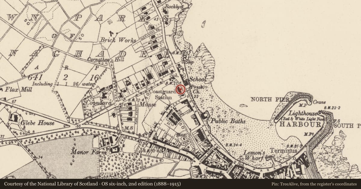 Ordnance Survey six-inch map, 2nd edition (1888–1915) covering the location of 2-12A Warren Road (former coastguard dwellings), Town Parks of Donaghadee, Ards and North Down, with a pin at the register's coordinates