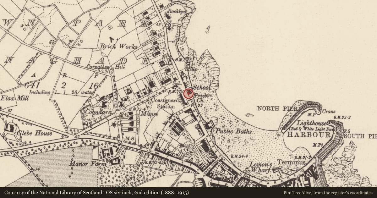 Ordnance Survey six-inch map, 2nd edition (1888–1915) covering the location of Presbyterian Church, Town Parks of Donaghadee, Ards and North Down, with a pin at the register's coordinates