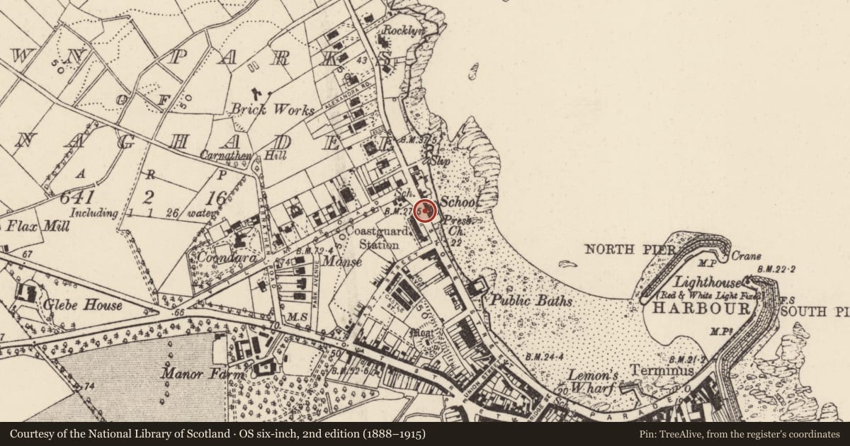 Ordnance Survey six-inch map, 2nd edition (1888–1915) covering the location of Site of former National Schoolhouse, Town parks of Donaghadee, Ards and North Down, with a pin at the register's coordinates