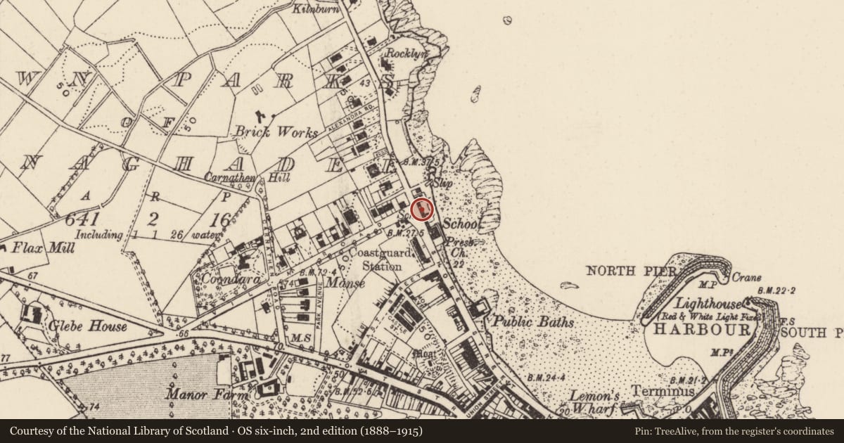 Ordnance Survey six-inch map, 2nd edition (1888–1915) covering the location of 13-15 Warren Road, Town parks of Donaghadee, Ards and North Down, with a pin at the register's coordinates